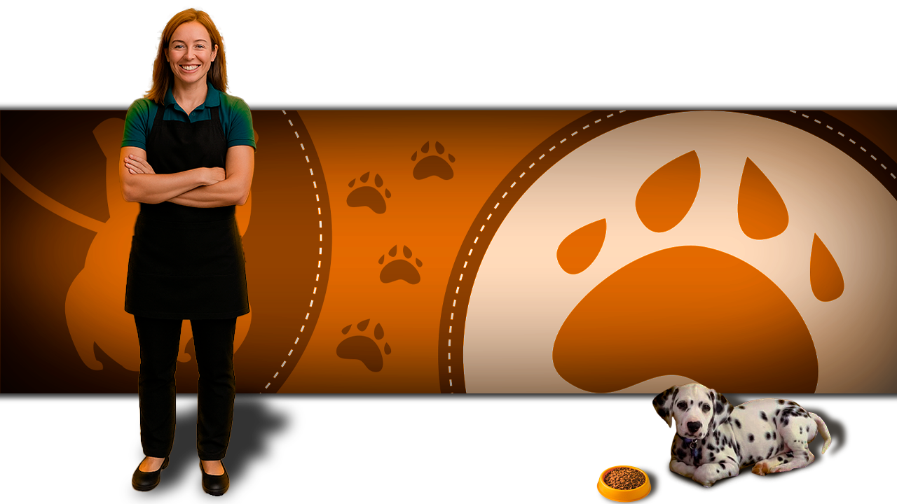 Funcionaria de pet shop em pé com um dalmata filhote deitado ao lado